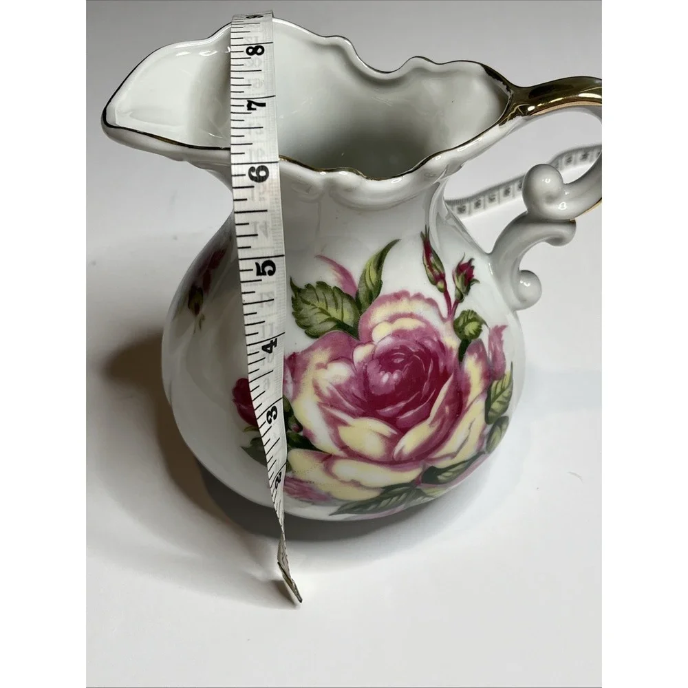 Vintage Fine Porcelain Pitcher/Vase With Pink & Yellow Rose Made In Japan
